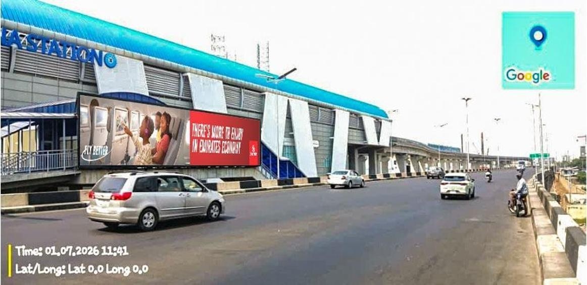 Station view from Eko Bridge, mesh drape — Mesh drape