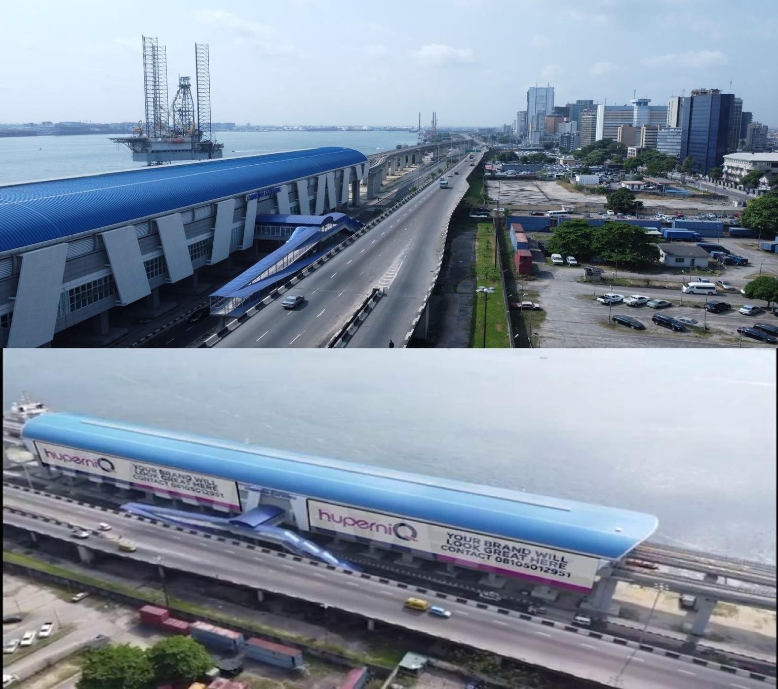 Front facade facing Eko Bridge — Mesh drape, Marina Station